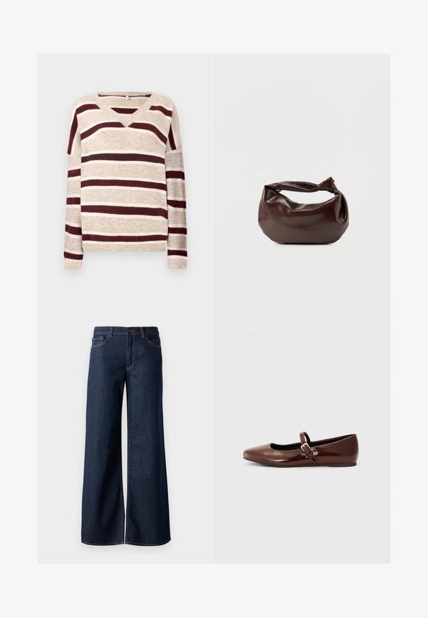 V-hals sweater i beige med mørkerøde og cremefarvede striber. Har lange ærmer og ribkant. Blød tekstur og afslappet pasform.; Bredde ben jeans i mørkeblå denim. Har kontrastsyninger, fem lommer og en knaplukning i taljen. Glat tekstur.; Brun patentlæder balletflade med firkantet tå og strop med en lille guldbuckle. Glat tekstur, lav hæl og minimalistisk design.; Mørkebrun læder skuldertaske med en blød, afslappet form og et snoet knudehåndtag på en ensartet hvid baggrund.