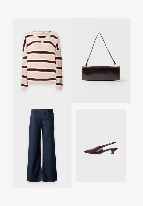 V-hals sweater i beige med mørkerøde og cremefarvede striber. Har lange ærmer og ribkant. Blød tekstur og afslappet pasform.; Bredde ben jeans i mørkeblå denim. Har kontrastsyninger, fem lommer og en knaplukning i taljen. Glat tekstur.; Bourgogne spids tå slingback sko med lav kitten hæl og glat læderfinish, vist fra siden på en hvid baggrund.; Rektangulær sort læderhåndtaske med en enkelt lang rem og blank finish, vist mod en ensfarvet hvid baggrund.
