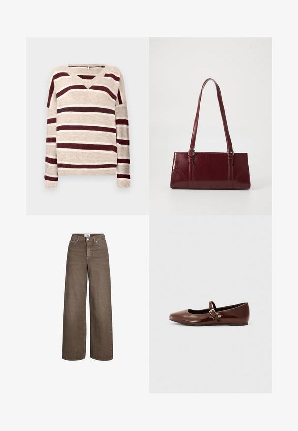 V-hals sweater i beige med mørkerøde og cremefarvede striber. Har lange ærmer og ribkant. Blød tekstur og afslappet pasform.; Brune højttaljede viddebenjeans med frontknap og lynlås, for- og baglommer samt bæltestropper.; Brun patentlæder balletflade med firkantet tå og strop med en lille guldbuckle. Glat tekstur, lav hæl og minimalistisk design.; Bordeaux håndtaske lavet af glansfuldt materiale, rektangulær form, med to skulderremme og subtile buede detaljer på forsiden.