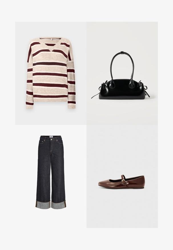 V-hals sweater i beige med mørkerøde og cremefarvede striber. Har lange ærmer og ribkant. Blød tekstur og afslappet pasform.; Mørkeblå jeans med brede ben og opbuk ved kanterne, fem lommer og kontrastfuld gul syning.; Brun patentlæder balletflade med firkantet tå og strop med en lille guldbuckle. Glat tekstur, lav hæl og minimalistisk design.; Lille sort blank håndtaske med to lange håndtag og snøre-detaljer i siden på en ensfarvet lys baggrund.