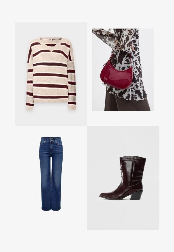 V-hals sweater i beige med mørkerøde og cremefarvede striber. Har lange ærmer og ribkant. Blød tekstur og afslappet pasform.; Jeans med høj talje og vide ben i mørkeblå denim, med knaplukning, fem lommer og kontrastsyninger.; Bordeaux læder ankelstøvler med spids tå, tekstureret overflade og en lav, taperet hæl. Har diskrete søm og en tætsiddende pasform.; Kvinde iført en sort- og hvidmønstret bluse, der holder en blank rød skuldertaske mod en ensfarvet baggrund.