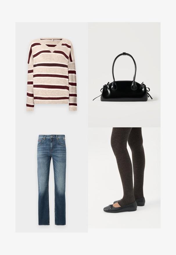 V-hals sweater i beige med mørkerøde og cremefarvede striber. Har lange ærmer og ribkant. Blød tekstur og afslappet pasform.; Mørkeblå denimjeans med lige ben, diskret lysning ved lårene og kontrastsyning. Klassisk fem-lomme design med lynlås.; Ben iført mørke ribbede leggings kombineret med sorte balletsko med små sløjfedetaljer på hvid baggrund.; Lille sort blank håndtaske med to lange håndtag og snøre-detaljer i siden på en ensfarvet lys baggrund.