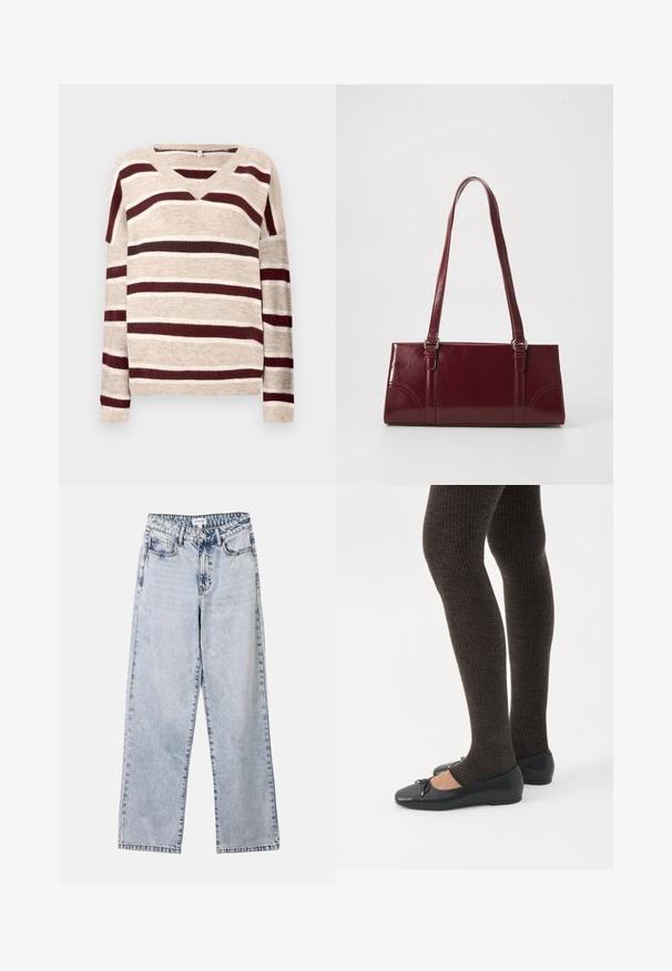 Beige V-hals trui met donkerrode en crèmekleurige strepen. Heeft lange mouwen en een geribbelde boord. Zachte textuur en een ontspannen pasvorm.; Lichtblauwe straight-leg jeans van denim, met twee voorkruimelzakken, een knoopsluiting en contrasterende stiksels langs de naden.; Benen met donkere geribbelde leggings gecombineerd met zwarte ballerina's met kleine strikdetails op een witte achtergrond.; Bourgondische handtas van glanzend materiaal, rechthoekige vorm, met twee schouderbanden en subtiele gebogen accenten aan de voorkant.