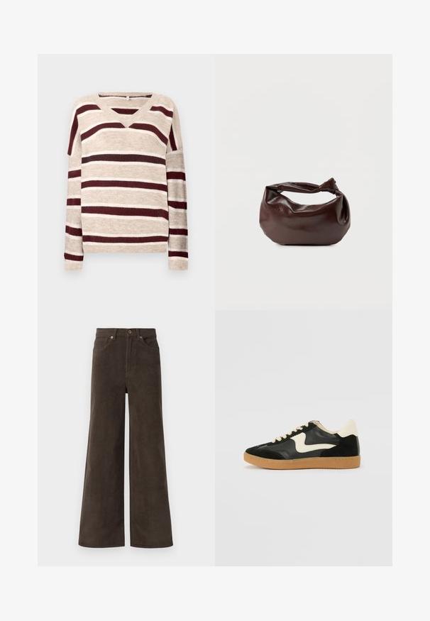Pull en V beige avec des rayures rouge foncé et crème. Doté de manches longues et d'un ourlet côtelé. Texture douce et coupe décontractée.; Pantalons en velours côtelé larges marron foncé avec poches avant, passants de ceinture et fermeture à boutons à la taille.; Baskets en daim et cuir noir avec un swoosh latéral crème et un talon crème clair. Dotées de lacets beige et d'une semelle en caoutchouc gomme.; Sac bandoulière en cuir marron foncé avec une forme souple et décontractée et une anse nouée torsadée sur un fond blanc uni.