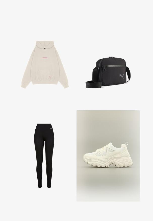 Pegador THEA OVERSIZED - Jersey con capucha - vintage moon grey; Leggings negros con una cintura alta, tejido elástico, textura suave y un diseño ajustado, aptos para uso casual o deportivo.; Zapatilla blanca gruesa con suela gruesa y texturizada, paneles de malla, cierre de cordones en la parte delantera y tira en el talón sobre un fondo neutro.; Bolso de hombro de tela negra con forma rectangular, que cuenta con un cierre de cremallera, superficie texturizada y un logo bordado gris en un lado.