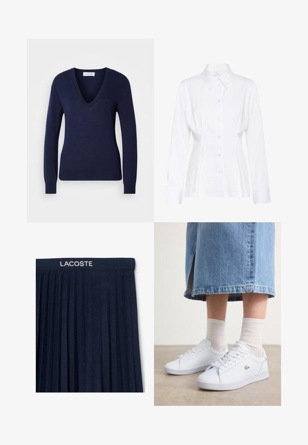 Mørkeblå V-hals sweater med lange ærmer, lavet af glat strikstof; har et lille broderet logo på brystet.; Hvid langærmet skjorte med knapper, spidst krave, figursyet talje og synligt mærke "Gestuz" inde i kraven.; Marinblå plisseret nederdel med elastisk talje og hvid "LACOSTE" logo. Blød stofstruktur med lodrette plisseringer for bevægelse.; Hvide lædersneakers med en glat overflade, der har et guld "Lacoste" logo og subtile perforeringer, sammensat med lyse sokker og en denimnederdel.
