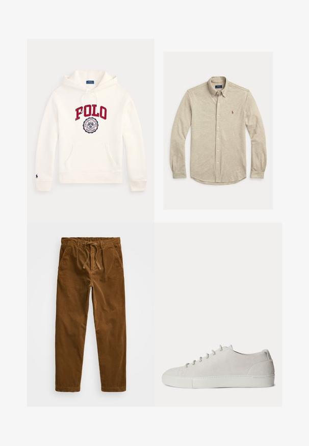 Witte Polo Ralph Lauren hoodie met rode "POLO" tekst en rond logo op de borst, voorzak, capuchon met trekkoord en klein embleem op de mouw.; Beige blouse met lange mouwen, knopen en een button-down kraag, met klein geborduurd logo op de linkerborst, plat gelegd op een witte achtergrond.; Bruine corduroy broek met een elastische tailleband en drawstring, zijzakken en rechte pijpen met een gestructureerde ribbel.; Witte lage suède sneaker met veters aan de voorkant en rubberen zool, minimalistisch ontwerp.
