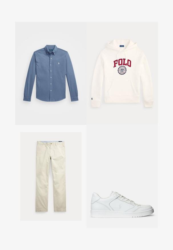 Biela mikina Polo Ralph Lauren s kapucňou s červeným textom "POLO" a kruhovým logom na hrudi, predným vreckom, sťahovacou kapucňou a malým emblémom na rukáve.; Košeľa na gombíky v svetlom modrom odtieni, vyrobená z bavlny, s dlhými rukávmi a gombíkovými manžetami, klasickým golierom a vyšitým logom na hrudi.; Béžové bavlnené nohavice s rovnými nohavicami, opaskové pútká, predné zapínanie na gombík, zips a bočné vrecká.; Biele kožené tenisky s hladkým povrchom, obsahujúce perforovanú špičku, šnúrkové uzatvorenie a vyšívané logo na boku. Biela gumová podrážka.