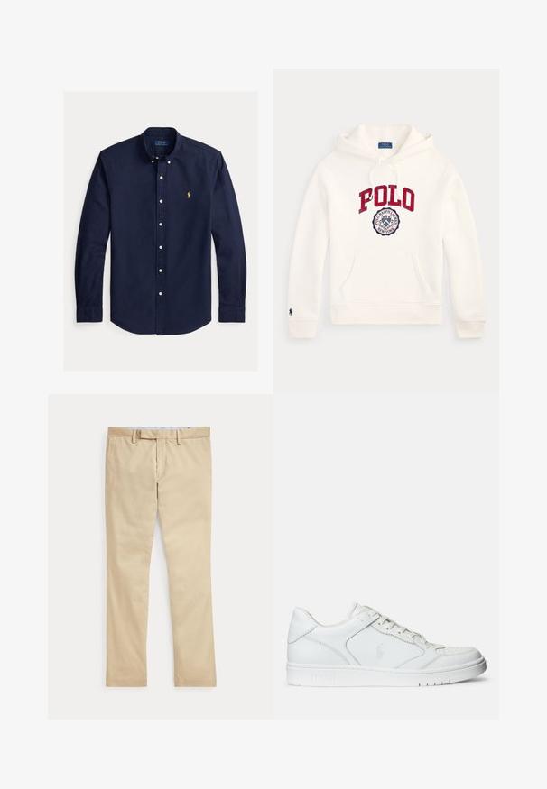 Biela mikina Polo Ralph Lauren s kapucňou s červeným textom "POLO" a kruhovým logom na hrudi, predným vreckom, sťahovacou kapucňou a malým emblémom na rukáve.; Tmavomodrá košeľa s dlhým rukávom na gombíky s golierom na gombíky a malým žltým logom Polo Ralph Lauren na ľavej strane hrudníka.; Béžové nohavice s rovnými nohavicami, s pútkami na opasok a predným zipsom, položené na bielom pozadí.; Biele kožené tenisky s hladkým povrchom, obsahujúce perforovanú špičku, šnúrkové uzatvorenie a vyšívané logo na boku. Biela gumová podrážka.