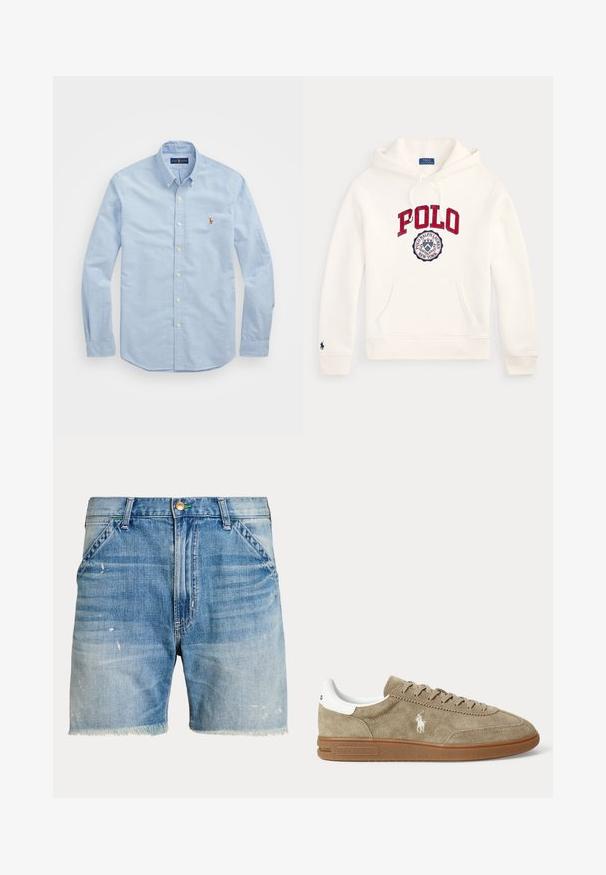 Weißer Polo Ralph Lauren Hoodie mit rotem "POLO"-Text und rundem Logo auf der Brust, Vordertasche, Kordelzugkapuze und kleinem Emblem am Ärmel.; Himmlisch blaues Langarm-Hemd aus Baumwolle mit klassischem Kragen und kleinem roten gestickten Logo auf der Brust.; Blaue Denim-Shorts mit fransigem Saum, haben eine ausgewaschene Optik, leichte Beschädigungen und ein Fünf-Taschen-Design mit einem metallic Knopfverschluss.; Beiger Wildleder-Sneaker in niedrigem Schnitt mit brauner Sohle, weißem Fersendetail, Schnürsenkeln und weißem, seitlich gesticktem Polo-Spieler-Logo.
