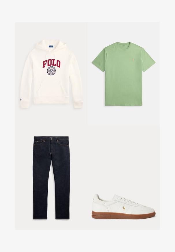 Λευκό φούτερ Polo Ralph Lauren με κόκκινο κείμενο "POLO" και κυκλικό λογότυπο στο στήθος, μπροστινή τσέπη, κουκούλα με κορδόνι και μικρό έμβλημα στο μανίκι.; Πράσινο βαμβακερό κοντομάνικο μπλουζάκι με στρογγυλή λαιμόκοψη και μικρό κεντημένο λογότυπο στο στήθος.; Σκούρο μπλε τζιν denim με πέντε τσέπες, κουμπί και φερμουάρ, με ορατή χρυσή ραφή, απλωμένο επίπεδα σε ανοιχτό φόντο.; Άσπρο χαμηλό αθλητικό παπούτσι με καφέ σόλα, κορδόνια μπροστά και μικρό χρυσό λογότυπο Polo Ralph Lauren στο πλάι.