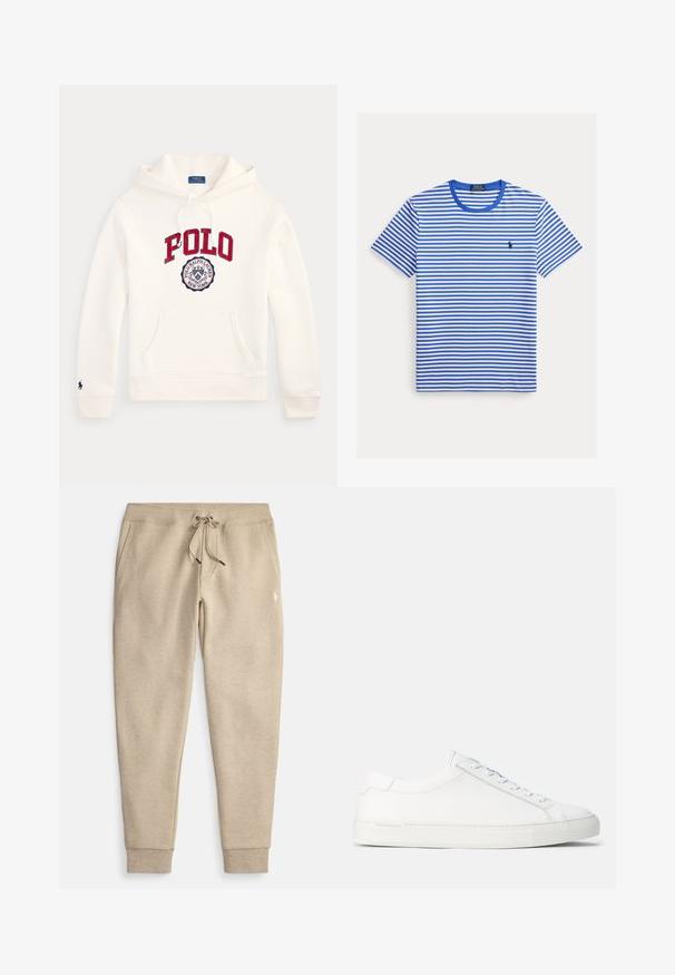 Biela mikina Polo Ralph Lauren s kapucňou s červeným textom "POLO" a kruhovým logom na hrudi, predným vreckom, sťahovacou kapucňou a malým emblémom na rukáve.; Tričko s krátkym rukávom, modro-biele vodorovné pruhy, modrý golier a malé logo Polo Ralph Lauren na ľavej strane hrude.; Béžové teplákové nohavice z mäkkej tkaniny, s nastaviteľným pásom na šnúrku, bočnými vreckami a rebrovanými manžetami. Na stehne sa nachádza malé logo.; Biele kožené tenisky s hladkým povrchom, zaobleným tvarom, plochou gumenou podrážkou a bielymi šnúrkami. Majú minimalistický dizajn a nenápadné branding.