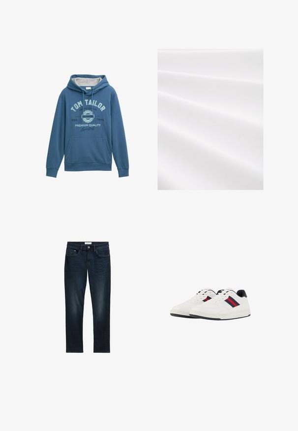 Blauwe hoodie van zachte stof, met een voorzak in kangoeroestijl, een capuchon met trekkoord en een gedrukt "Tom Tailor" logo met accenten in lichtblauw.; Witte stof met een gestructureerd, ribbelig oppervlak, dat zachte plooien en een subtiele glans vertoont. Glad afwerking zonder zichtbare patronen of accenten.; Donkerblauwe spijkerbroek met een slim fit, met vijf zakken, een knoopsluiting en subtiele vervaging aan de voorkant voor textuur.; TOM TAILOR Sneakers laag - white navy