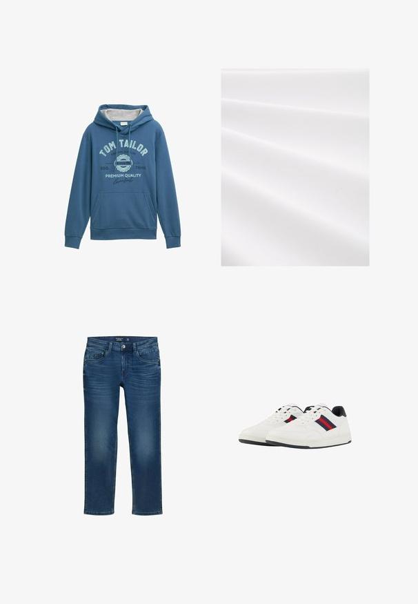 Modrá mikina s kapucňou vyrobená z jemného materiálu, s prednou klokankou, šnúrkou na kapucni a potlačeným logom „Tom Tailor“ s doplnkami v svetlomodrej farbe.; Biely textil s textúrovaným, ryhovaným povrchom, vykazujúci jemné záhyby a subtílny lesk. Hladký povrch bez viditeľných vzorov alebo akcentov.; Pánske rovné džínsy v tmavomodrom denime, s klasickým päťvreckovým dizajnom, jemným prehnaním a zapínaním na gombík.; TOM TAILOR Tenisky - white navy