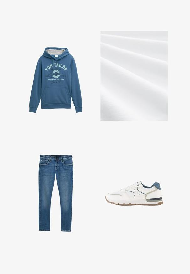 Blauer Hoodie aus weichem Stoff, mit einer vorderen Kängurutasche, einer Kapuze mit Zugband und einem aufgedruckten "Tom Tailor"-Logo mit Akzenten in Hellblau.; Weißer Stoff mit glatter Textur, der weiche Falten und einen subtilen Glanz aufweist. Das Material wirkt leicht und vielseitig für verschiedene Verwendungen.; Blaue Denim-Jeans mit geradem Bein, Fünf-Taschen-Design, dezenten Abnutzungsspuren an den Oberschenkeln und einem Taillenlabel, das die Größe 31/32 angibt.; Weißer und grauer Sportschuh mit blauen Akzenten, Netzgewebe und brauner Sohle, seitlich mit "Tom Tailor"-Marke versehen.