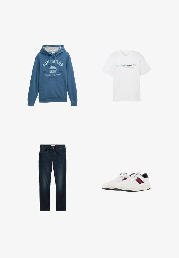Blå hættebluse lavet af blødt stof, med en front kangaroo lomme, snorehætte og trykt "Tom Tailor" logo med lyseblå detaljer.; Hvid bomulds t-shirt med rund hals, korte ærmer og fronttryk: "TOM TAILOR" med "ESSENTIALS SINCE NINETEEN SIXTY-2."; Mørkeblå denim jeans med slim fit, der har fem lommer, knaplukning og diskret falmning foran for tekstur.; TOM TAILOR Sneakers - white navy