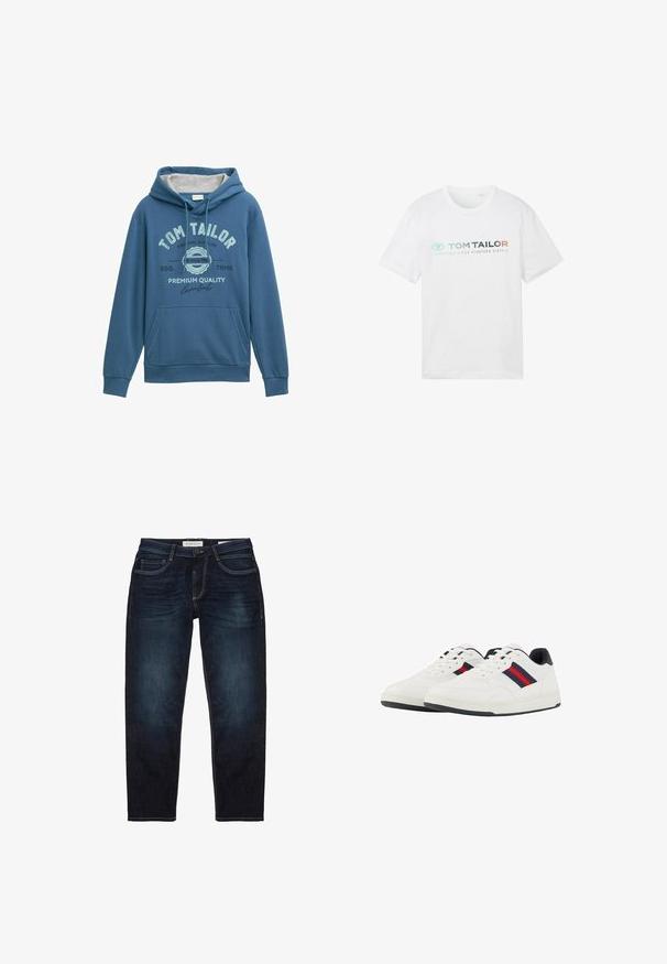 Sudadera azul hecha de tela suave, con un bolsillo canguro en la parte delantera, capucha con cordón y logotipo impreso de "Tom Tailor" con acentos en azul claro.; Camiseta de algodón blanca con cuello redondo, mangas cortas y estampado frontal: "TOM TAILOR" con "ESENCIALES DESDE MIL NOVECIENTOS SESENTA Y DOS."; Jeans de mezclilla azul oscuro con un ajuste estándar, que presentan una cremallera, cinco bolsillos y costuras amarillas en contraste. Textura suave en general.; TOM TAILOR Zapatillas - white navy