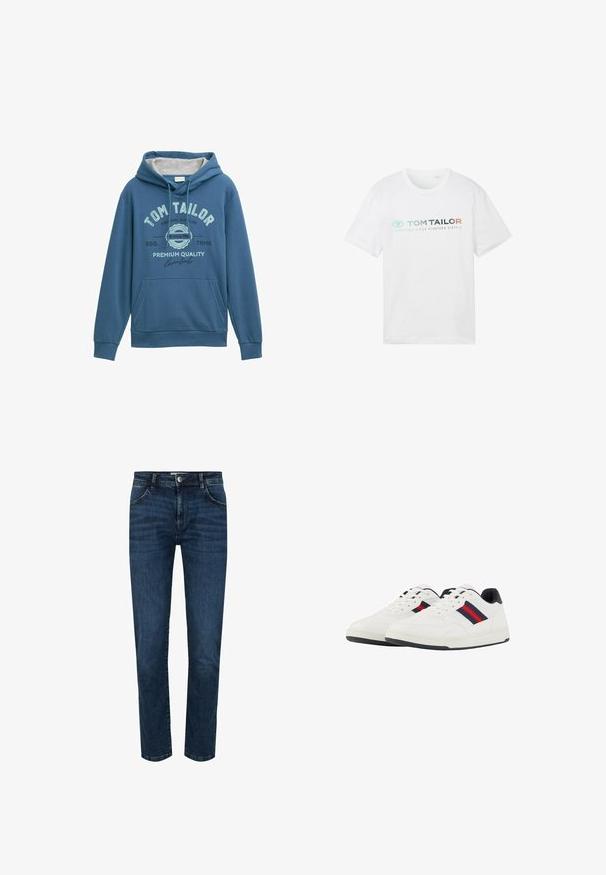 Blå hættebluse lavet af blødt stof, med en front kangaroo lomme, snorehætte og trykt "Tom Tailor" logo med lyseblå detaljer.; Hvid bomulds t-shirt med rund hals, korte ærmer og fronttryk: "TOM TAILOR" med "ESSENTIALS SINCE NINETEEN SIXTY-2."; Mørkeblå denimjeans med lige pasform, design med fem lommer og knaplukning. Forstærket syning langs sømmene og en let falmende effekt.; TOM TAILOR Sneakers - white navy