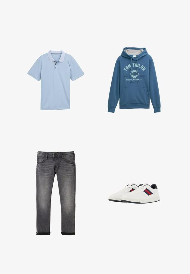 Blå hættebluse lavet af blødt stof, med en front kangaroo lomme, snorehætte og trykt "Tom Tailor" logo med lyseblå detaljer.; Lyseblå polo-shirt med en tofarvet krave, tre-knaps placket og korte ærmer. Fremstillet af glat, åndbart stof.; Grå denim jeans med en lige pasform, der har en klassisk fem-lomme stil, ophøjede manchetter og subtilt slid i stoffet.; TOM TAILOR Sneakers - white navy