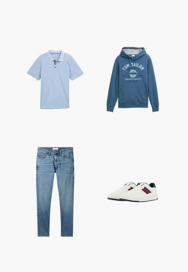 Blå hættebluse lavet af blødt stof, med en front kangaroo lomme, snorehætte og trykt "Tom Tailor" logo med lyseblå detaljer.; Lyseblå polo-shirt med en tofarvet krave, tre-knaps placket og korte ærmer. Fremstillet af glat, åndbart stof.; Lys blå denim jeans med en slim fit, der har fem lommer, lynlåsåbning og subtile slidte detaljer på forsiden.; TOM TAILOR Sneakers - white navy