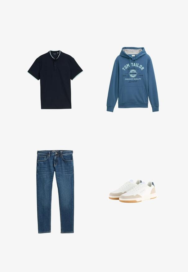 Blauwe hoodie van zachte stof, met een voorzak in kangoeroestijl, een capuchon met trekkoord en een gedrukt "Tom Tailor" logo met accenten in lichtblauw.; Marineblauw poloshirt van een gestructureerde stof, met een staande kraag, drie knopen en lichtblauwe accenten op de kraag en mouwen.; Donkerblauwe denim jeans met een rechte pijp, vijf zakken en zichtbare stiksels langs de naden. Voorzien van een rits en een logo-label.; Witte sneakers met een gestructureerde mesh bovenkant, beige suède accenten en een gevoerde zool. Bevat veter-sluiting en een blauw logo detail.