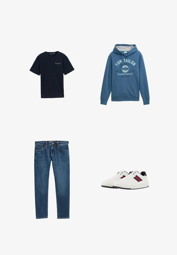 Modrá mikina s kapucňou vyrobená z jemného materiálu, s prednou klokankou, šnúrkou na kapucni a potlačeným logom „Tom Tailor“ s doplnkami v svetlomodrej farbe.; Tmavomodrá bavlnená tričko s okrúhlym výstrihom a krátkymi rukávmi. Na hrudi má malé červené logá s textom. Bežný strih, hladká textúra.; Džínsy v tmavomodrej farbe s rovnými nohavicami, päť vreciek a viditeľnými prešívaniami pozdĺž švov. Obsahujú zips a logo.; TOM TAILOR Tenisky - white navy