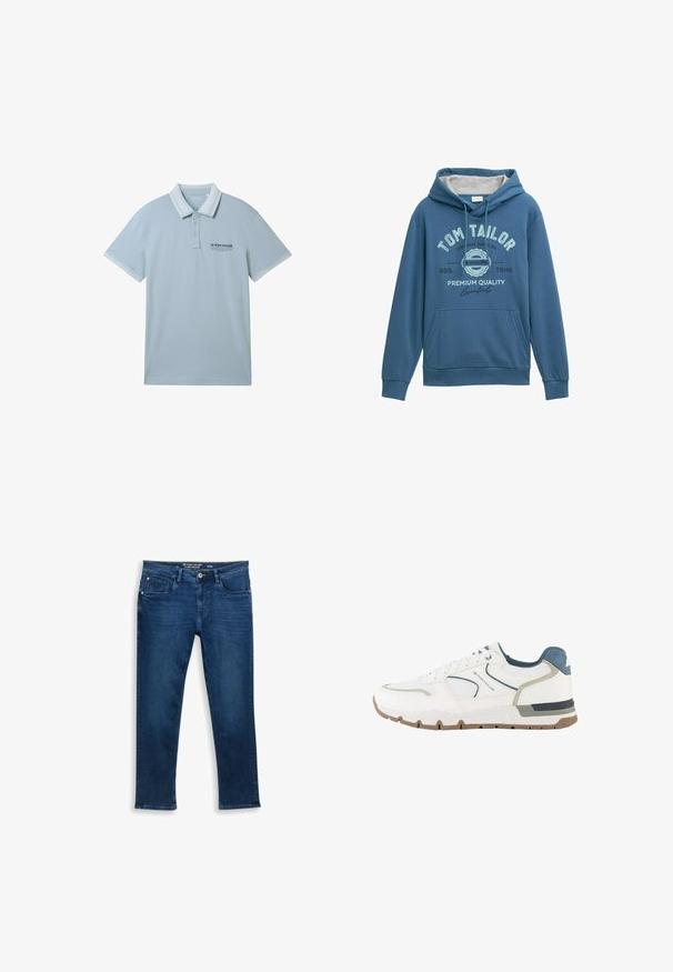 Modrá mikina s kapucňou vyrobená z jemného materiálu, s prednou klokankou, šnúrkou na kapucni a potlačeným logom „Tom Tailor“ s doplnkami v svetlomodrej farbe.; Svetlomodrá polo košeľa z mäkkej látky, s golierom, s dvoma gombíkmi a kontrastným bielym lemovaním na rukávoch a golieri.; Tmavomodré džínsy s pravidelným strihom. Obsahujú päť vreciek, viditeľné švy a zips s gombíkovým zapínaním.; Biely a sivý športový tenisky s modrými akcentmi, sieťovinovým materiálom a hnedou podrážkou, na boku s označením "Tom Tailor".