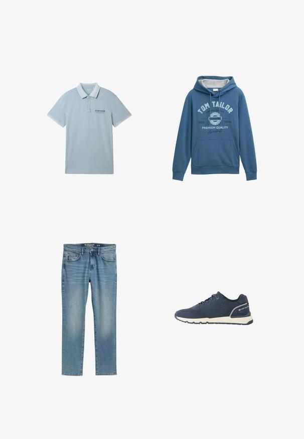 Modrá mikina s kapucňou vyrobená z jemného materiálu, s prednou klokankou, šnúrkou na kapucni a potlačeným logom „Tom Tailor“ s doplnkami v svetlomodrej farbe.; Svetlomodrá polo košeľa z mäkkej látky, s golierom, s dvoma gombíkmi a kontrastným bielym lemovaním na rukávoch a golieri.; Svetlomodré džínsy s rovnými nohavicami, piatimi vreckami, jemným vyblednutím a zipsom. Na štítku je napísané 'Tom Tailor' a veľkosť 31/32.; Tmavomodrá športová teniska s vrchnou časťou z oka, bielou podrážkou, čiernou spodnou podrážkou a logom "Tom Tailor" na pätnom ochrannom diele.
