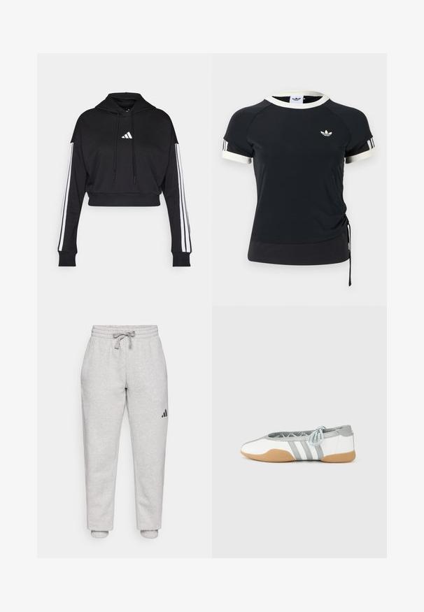 Sort cropped hoodie med en frontkangaroo-lomme, justerbare snore og hvide tre-stribe accenter på ærmerne. Har logo.; Sort atletisk top med hvid krave og ærmer, der har et logo på brystet og snøre i siden for justerbar pasform.; Lys grå sweatpants med elastisk talje og snøre. Manchetter ved anklerne. Sort logo detalje på venstre ben. Blødt bomuldsstof.; Hvide og grå balletsko med rund tå og elastisk snøre, med tre grå striber og en beige gummisål.