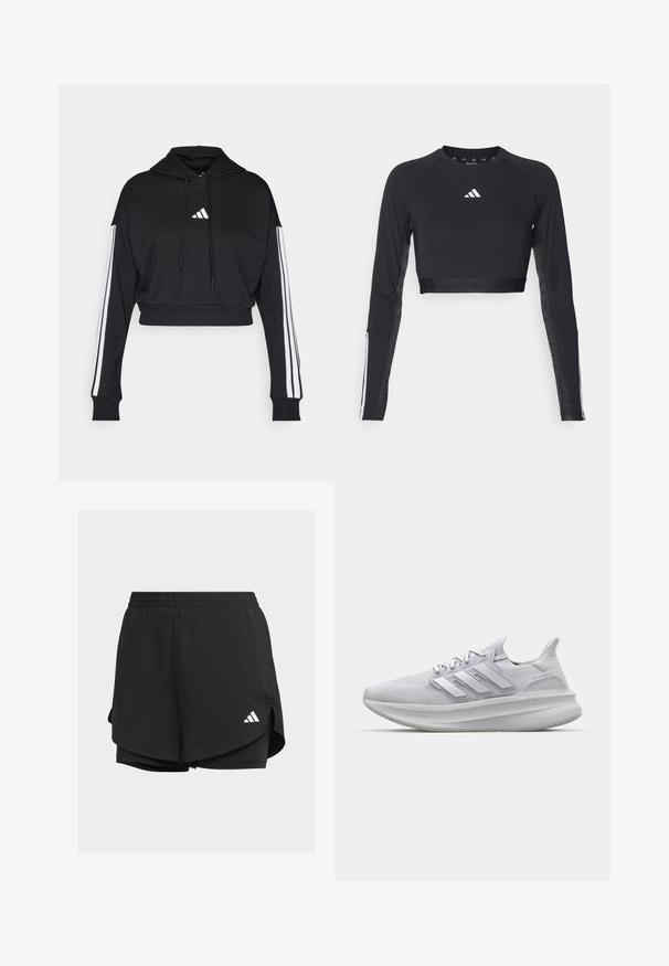 Hoodie court noir avec une poche kangourou à l'avant, des cordons de serrage ajustables et des accents blancs à trois bandes sur les manches. Comprend un logo.; Haut d'entraînement noir à manches longues et coupé, en tissu lisse. Présente un logo blanc sur la poitrine et des accents rayés sur les manches.; Shorts de sport noirs avec une taille élastique, un design superposé, des shorts ajustés à l'intérieur et un logo blanc en bas à gauche.; Baskets blanches avec une tige en maille texturée, des rayures latérales tridimensionnelles et une semelle épaisse marquée 'LIGHT BOOST'.