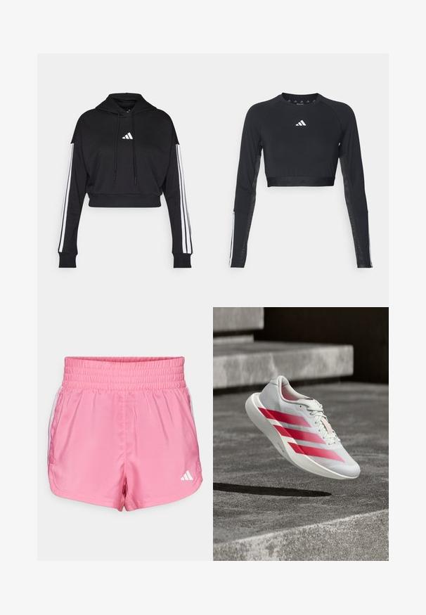 Μαύρο κοντό hoodie με μπροστινή τσέπη καγκουρό, ρυθμιζόμενα κορδόνια και λευκές τρεις ρίγες στα μανίκια. Περιλαμβάνει λογότυπο.; Μαύρος κοντός μανίκι επαγγελματικός τοπ από απαλό ύφασμα. Διαθέτει λευκό λογότυπο στο στήθος και ριγέ λεπτομέρειες στους μανίκια.; Ροζ αθλητικές βερμούδες με ελαστική μέση, που διαθέτουν λευκές πλευρικές λεπτομέρειες και ένα μικρό λευκό λογότυπο στο κάτω δεξί πλευρό.; Άσπρο αθλητικό παπούτσι με τρεις τολμηρές κόκκινες ρίγες, στον αέρα πάνω από σκάλες από σκυρόδεμα, που παρουσιάζει ελαφρύ σχεδιασμό και υφή στην σόλα.
