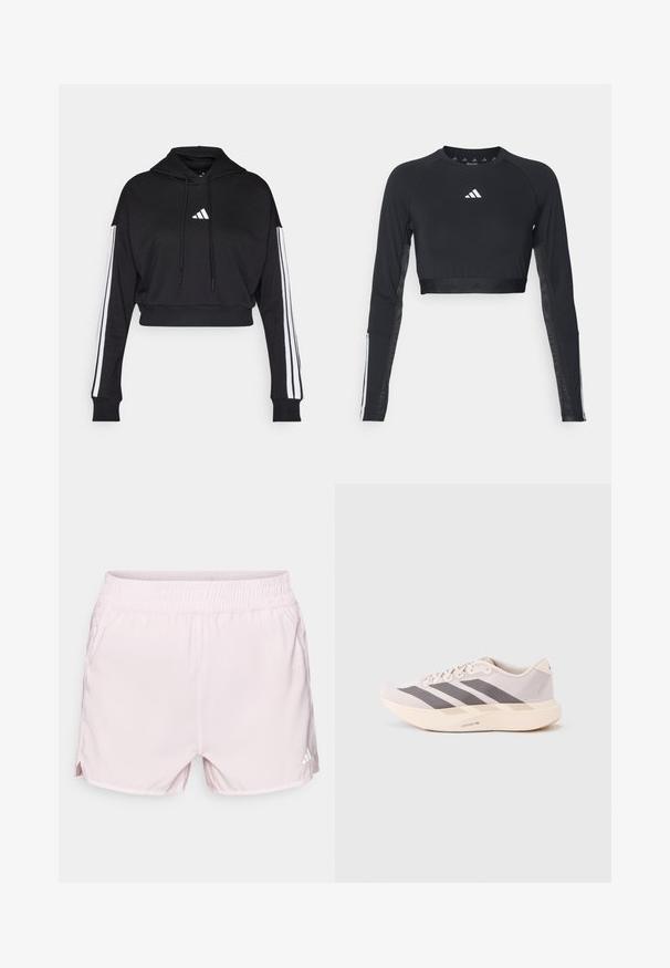 Hoodie court noir avec une poche kangourou à l'avant, des cordons de serrage ajustables et des accents blancs à trois bandes sur les manches. Comprend un logo.; Haut d'entraînement noir à manches longues et coupé, en tissu lisse. Présente un logo blanc sur la poitrine et des accents rayés sur les manches.; Shorts de sport roses avec une taille élastique, tissu léger, fentes latérales et un petit logo blanc en bas à droite.; Baskets de sport légères en rose pâle et gris, avec une tige en mesh, trois bandes sombres et une semelle épaisse crème portant l'inscription "LIGHTSTRIKE PRO".