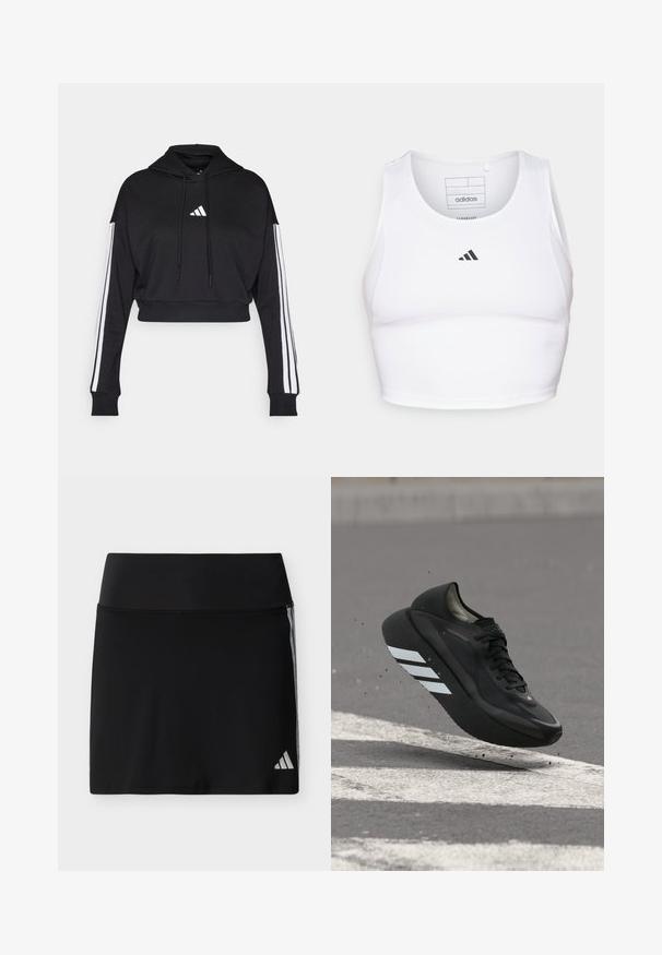 Μαύρο κοντό hoodie με μπροστινή τσέπη καγκουρό, ρυθμιζόμενα κορδόνια και λευκές τρεις ρίγες στα μανίκια. Περιλαμβάνει λογότυπο.; Άσπρο αθλητικό crop top από ελαφρύ, αναπνεύσιμο ύφασμα. Διαθέτει δικτυωτές πλευρικές πάνελ και μαύρο κεντητό λογότυπο στο στήθος.; Μαύρη αθλητική φούστα με φαρδύ τελείωμα στη μέση, διακριτικές πλαϊνές ρίγες και μικρό λογότυπο Adidas στο κάτω δεξί τελείωμα.; Μαύρο αθλητικό παπούτσι με λευκές ρίγες στη σόλα, αιωρούμενο πάνω από άσφαλτο με λευκές οδικές σημάνσεις, σηκώνοντας μικρά θραύσματα.