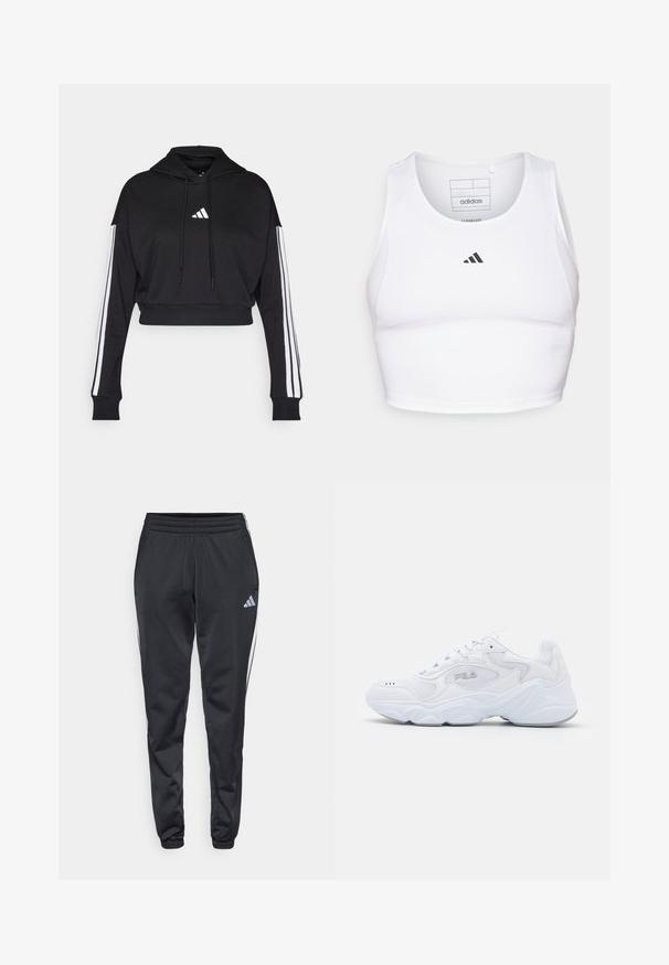 Hoodie court noir avec une poche kangourou à l'avant, des cordons de serrage ajustables et des accents blancs à trois bandes sur les manches. Comprend un logo.; Crop top de sport blanc en tissu léger et respirant. Présente des panneaux latéraux en mesh et un logo noir brodé sur la poitrine.; Pantalons de sport noirs avec une taille élastique, des jambes effilées et des bandes latérales blanches. Présente un petit logo gris en forme de trèfle sur la cuisse gauche.; Baskets blanches avec une tige en mesh texturé, un col rembourré et une semelle épaisse. Présente un logo sur le côté et un système de laçage.