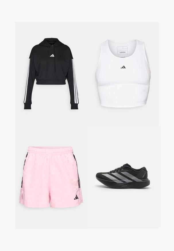 Sort cropped hoodie med en frontkangaroo-lomme, justerbare snore og hvide tre-stribe accenter på ærmerne. Har logo.; Hvid atletisk crop top lavet af letvægts, åndbart stof. Har mesh-sider og sort broderet logo på brystet.; adidas Sportswear TIRO - Korte sportsbukser - true pink/black; Sort løbesko med sølvstriber, tyk polstret sål mærket "Lightstrike Pro," set fra siden på hvid baggrund.