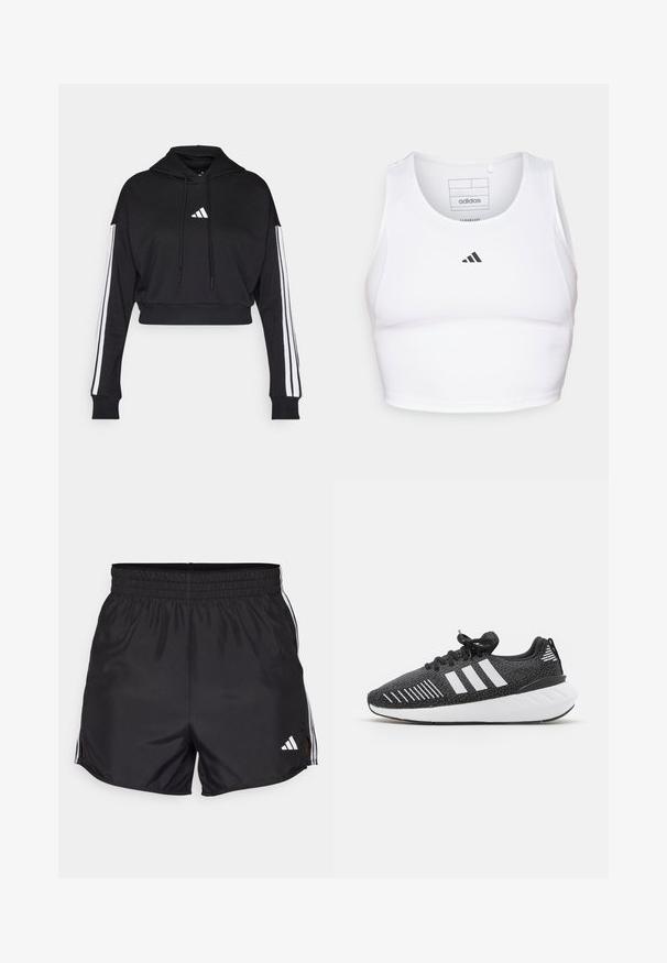 Zwarte cropped hoodie met een voorste kangaroo zak, verstelbare trekkoorden en witte drie-strepen accenten op de mouwen. Bevat een logo.; Witte sportieve crop top gemaakt van lichte, ademende stof. Beschikt over mesh zijkanten en een zwart geborduurd logo op de borst.; Zwarte sportshorts met een elastische tailleband, zijsplitten en witte drievoudige strepenaccenten. Bevat een klein wit logo op de rechteronderkant.; Zwarte sport schoenen met een gestructureerde bovenkant, witte drie-strepen ontwerp, rubberen zool en contrasterende witte accenten op de hiel.