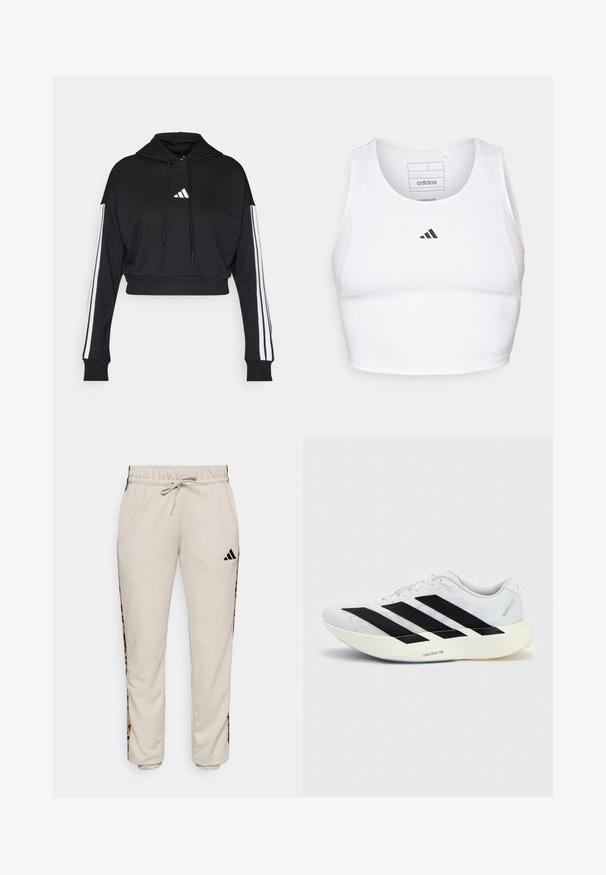 Must tee ülespoole lõigatud kapuutsiga, ees kangaroo tasku, reguleeritavad tõmblukud ja valged kolm riba varrukatel. Omab logo.; Valge sportlik lühike top, mis on valmistatud kergest ja hingavast kangast. Omab võrkkangast külgpaneele ja musta tikandiga logo rinnal.; Heledad beežid dressipüksid pehmest kangast, millel on nööriga vöökoht ja mustad külgpanelid leopardimustriga.; Valge jooksujalanõu musta kolme triibu disainiga küljel ja paksu valge tallaga, millel on silt "Lightstrike Pro" ühtlasel taustal.