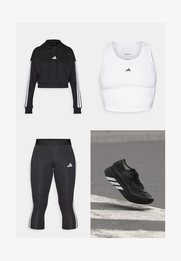 Hoodie court noir avec une poche kangourou à l'avant, des cordons de serrage ajustables et des accents blancs à trois bandes sur les manches. Comprend un logo.; Crop top de sport blanc en tissu léger et respirant. Présente des panneaux latéraux en mesh et un logo noir brodé sur la poitrine.; Leggings capri noirs avec une large taille, présentant des rayures blanches sur les côtés et un logo Adidas blanc sur la cuisse gauche. Texture lisse.; Chaussure de course noire avec des bandes blanches sur la semelle, flottant au-dessus de l'asphalte avec des marquages routiers blancs, soulevant de petits débris.