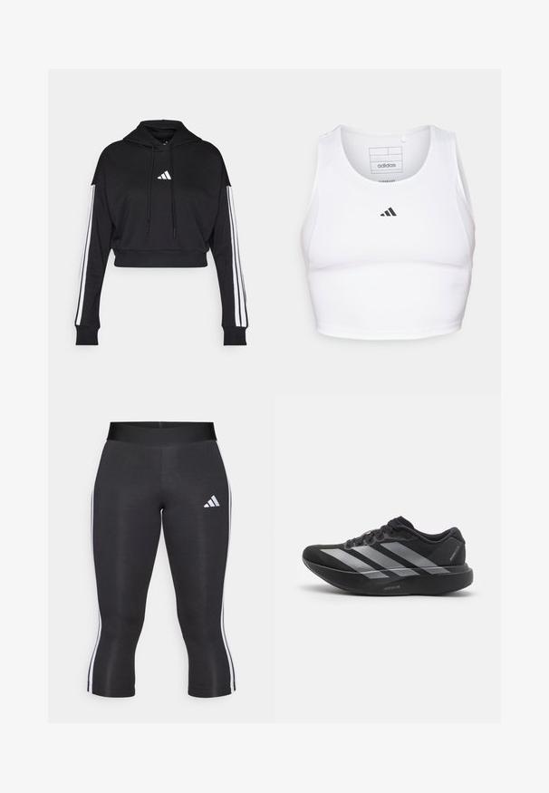 Sort cropped hoodie med en frontkangaroo-lomme, justerbare snore og hvide tre-stribe accenter på ærmerne. Har logo.; Hvid atletisk crop top lavet af letvægts, åndbart stof. Har mesh-sider og sort broderet logo på brystet.; Sorte capri leggings med en bred talje, udstyret med hvide sideløsninger og et hvidt Adidas-logo på venstre lår. Glat tekstur.; Sort løbesko med sølvstriber, tyk polstret sål mærket "Lightstrike Pro," set fra siden på hvid baggrund.
