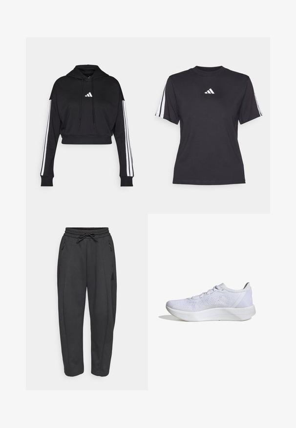 Sort cropped hoodie med en frontkangaroo-lomme, justerbare snore og hvide tre-stribe accenter på ærmerne. Har logo.; Sort atletisk T-shirt lavet af blødt stof, med rund halsudskæring, korte ærmer og tre hvide striber på hver skulder. Hvidt logo på brystet.; Sorte træningsbukser med elastisk talje, snor, sidelommer med lynlås og tapered ben. Fremstillet af et blødt, struktureret stof.; Hvide sportssko med en åndbar mesh-overdel, snørebåndsdesign, polstret krave og en struktureret gummisål for bedre greb.