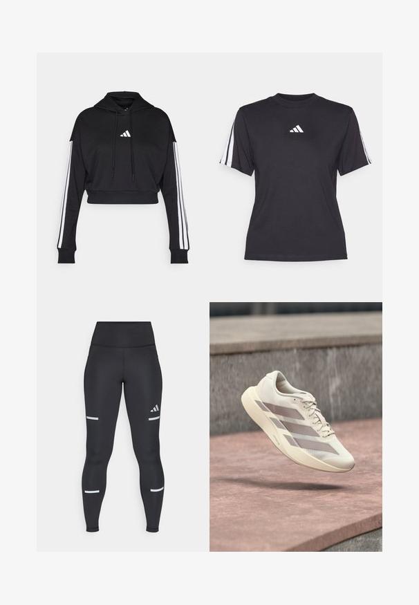 Μαύρο κοντό hoodie με μπροστινή τσέπη καγκουρό, ρυθμιζόμενα κορδόνια και λευκές τρεις ρίγες στα μανίκια. Περιλαμβάνει λογότυπο.; Μαύρο αθλητικό μπλουζάκι φτιαγμένο από μαλακό ύφασμα, με στρογγυλή λαιμόκοψη, κοντά μανίκια και τρεις λευκές ρίγες σε κάθε ώμο. Λευκό λογότυπο στο στήθος.; Μαύρες κολάν με ψηλή μέση, κατασκευασμένες από λείο υλικό. Διαθέτουν λευκές ανακλαστικές ρίγες κοντά στα γόνατα και το λογότυπο της Adidas.; Αθλητικό παπούτσι εκρού με ραβδώσεις σε αποχρώσεις του ταουπ, αιωρούμενο πάνω από επιφάνεια με πλακάκια κόκκινο-καφέ και φόντο από γκρίζο πέτρινο υλικό.