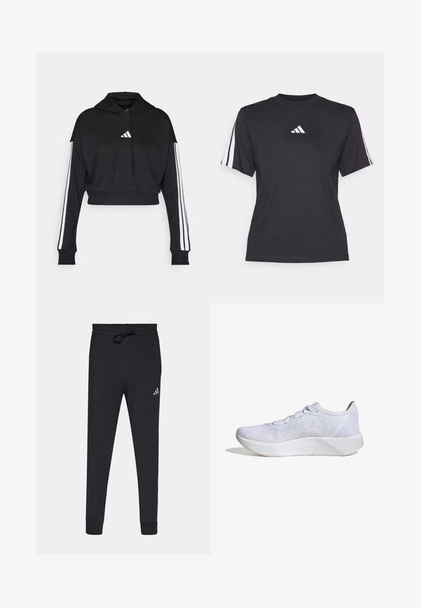 Zwarte cropped hoodie met een voorste kangaroo zak, verstelbare trekkoorden en witte drie-strepen accenten op de mouwen. Bevat een logo.; Zwarte sport T-shirt van zacht materiaal, met een ronde hals, korte mouwen en drie witte strepen op elke schouder. Witte logo op de borst.; Zwarte sportbroek van zacht materiaal, met een tailleband met trekkoord, taps toelopende benen en een klein wit Adidas-logo op de linkerdij.; Witte sportieve schoen met een ademend mesh bovenwerk, vetersluiting, gevoerde kraag en een gestructureerde rubberen zool voor grip.