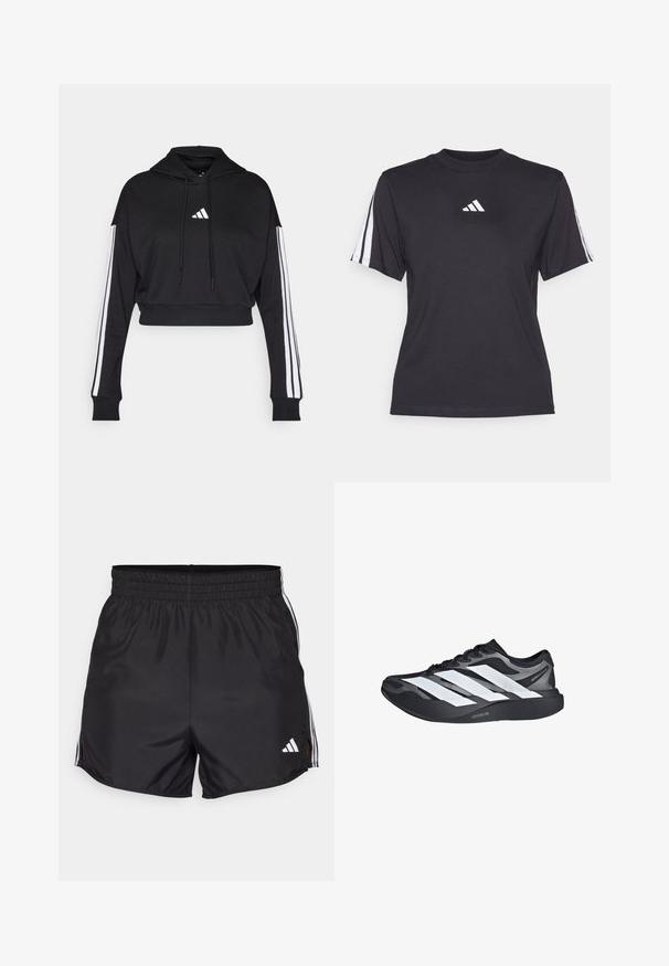 Schwarzer, kurz geschnittener Hoodie mit einer vorderen Kängurutasche, verstellbaren Kordelzügen und weißen Drei-Streifen-Akzenten an den Ärmeln. Mit Logo.; Schwarzes Sport-T-Shirt aus weichem Material, mit Rundhalsausschnitt, kurzen Ärmeln und drei weißen Streifen auf jeder Schulter. Weißes Logo auf der Brust.; Schwarze Sportshorts mit elastischem Bund, seitlichen Schlitzen und weißen drei Streifen Akzenten. Enthält ein kleines weißes Logo auf der unteren rechten Seite.; Schwarz-grauer Laufschuh mit drei großen weißen Streifen an der Seite und einer dicken schwarzen Sohle mit der Aufschrift "Lightstrike Pro".