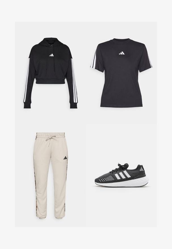 Sort cropped hoodie med en frontkangaroo-lomme, justerbare snore og hvide tre-stribe accenter på ærmerne. Har logo.; Sort atletisk T-shirt lavet af blødt stof, med rund halsudskæring, korte ærmer og tre hvide striber på hver skulder. Hvidt logo på brystet.; Lys beige sweatpants lavet af blødt stof, med en snøre i taljen og sorte sideløbere med et leopardmønster.; Sorte sportssko med en struktureret overdel, hvidt tre-stribe-design, gummiydersål og kontrasterende hvide detaljer på hælen.