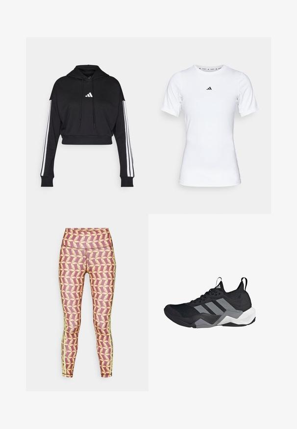 Hoodie court noir avec une poche kangourou à l'avant, des cordons de serrage ajustables et des accents blancs à trois bandes sur les manches. Comprend un logo.; T-shirt de sport blanc à manches courtes, fabriqué en tissu lisse et extensible. Doté d'un petit logo noir Adidas sur la poitrine.; Leggings avec un motif de formes jaunes sur un fond bordeaux, avec des bandes latérales vertes et une taille haute.; Chaussure de sport noire avec une tige en maille respirante, des accents gris, une semelle texturée et trois rayures distinctives sur le côté.