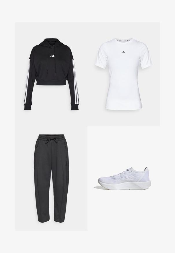 Hoodie court noir avec une poche kangourou à l'avant, des cordons de serrage ajustables et des accents blancs à trois bandes sur les manches. Comprend un logo.; T-shirt de sport blanc à manches courtes, fabriqué en tissu lisse et extensible. Doté d'un petit logo noir Adidas sur la poitrine.; Pantalons de sport noirs avec une taille élastique, cordon de serrage, poches zippées sur les côtés et jambes fuselées. Fabriqués en tissu doux et texturé.; Baskets blanches avec une tige en mesh respirant, un design à lacets, un col rembourré et une semelle en caoutchouc texturé pour l'adhérence.