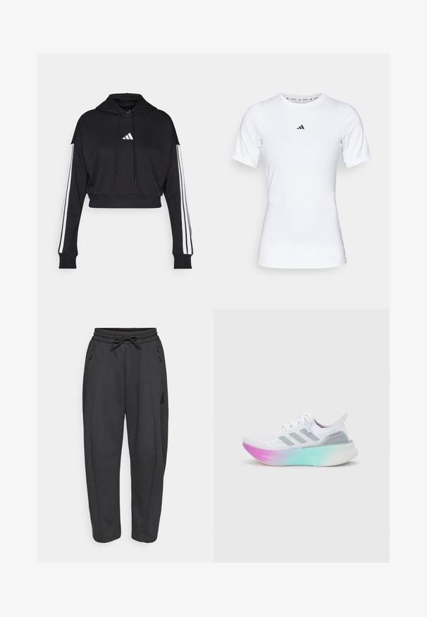 Zwarte cropped hoodie met een voorste kangaroo zak, verstelbare trekkoorden en witte drie-strepen accenten op de mouwen. Bevat een logo.; Witte sportshirt met korte mouwen, gemaakt van zachte, rekbare stof. Voorzien van een klein zwart Adidas-logo op de borst.; Zwarte sportbroeken met een elastische tailleband, trekkoord, zijzakken met rits en taps toelopende benen. Gemaakt van een zachte, gestructureerde stof.; Witte Adidas hardloopschoen met grijze strepen en een dikke zool die overgaat van roze naar groen, met de tekst "Lightboost" en "Ultraboost".
