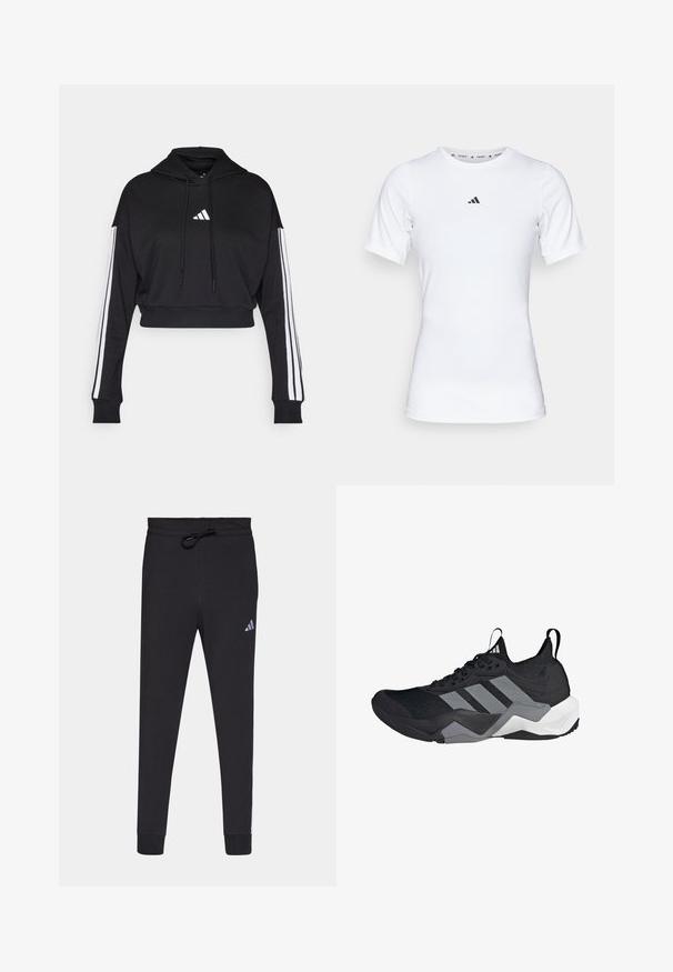 Hoodie court noir avec une poche kangourou à l'avant, des cordons de serrage ajustables et des accents blancs à trois bandes sur les manches. Comprend un logo.; T-shirt de sport blanc à manches courtes, fabriqué en tissu lisse et extensible. Doté d'un petit logo noir Adidas sur la poitrine.; Pantalons de sport noirs en tissu doux, avec une taille à cordon, des jambes fuselées et un petit logo Adidas blanc sur la cuisse gauche.; Chaussure de sport noire avec une tige en maille respirante, des accents gris, une semelle texturée et trois rayures distinctives sur le côté.