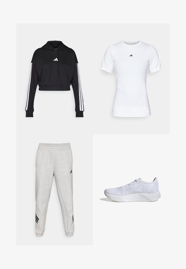 Zwarte cropped hoodie met een voorste kangaroo zak, verstelbare trekkoorden en witte drie-strepen accenten op de mouwen. Bevat een logo.; Witte sportshirt met korte mouwen, gemaakt van zachte, rekbare stof. Voorzien van een klein zwart Adidas-logo op de borst.; Lichtgrijze sweatpants met een geribbelde elastische tailleband, taps toelopende pijpen en drie zwarte diagonale strepen nabij de manchetten. Soepele textuur.; Witte sportieve schoen met een ademend mesh bovenwerk, vetersluiting, gevoerde kraag en een gestructureerde rubberen zool voor grip.