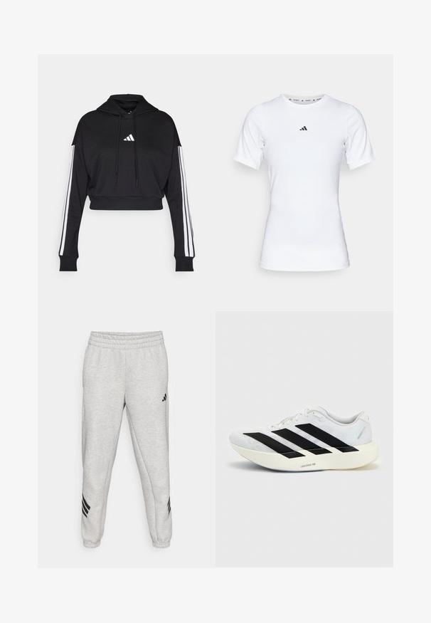 Μαύρο κοντό hoodie με μπροστινή τσέπη καγκουρό, ρυθμιζόμενα κορδόνια και λευκές τρεις ρίγες στα μανίκια. Περιλαμβάνει λογότυπο.; Λευκό αθλητικό μπλουζάκι με κοντά μανίκια, φτιαγμένο από λείο, ελαστικό ύφασμα. Διαθέτει το μικρό μαύρο λογότυπο της Adidas στο στήθος.; Ανοιχτό γκρι φόρμες με ελαστική ραφή στον κορμό, εκτελκυσμένα μπατζάκια και τρεις μαύρες διαγώνιες ρίγες κοντά στους αστραγάλους. Λείος υφασμάτινος ιστός.; Λευκό αθλητικό παπούτσι με μαύρο σχέδιο τριών ρίγων στην πλευρά και παχιά λευκή σόλα με την ετικέτα "Lightstrike Pro" σε μονόχρωμο φόντο.